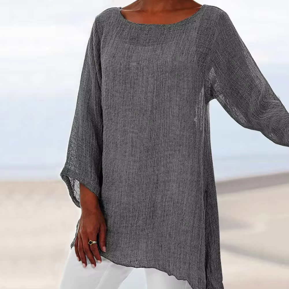 Women's Long-Sleeve Tunic Top | Asymmetric Hem | Round Neckline | Airy Textured Fabric