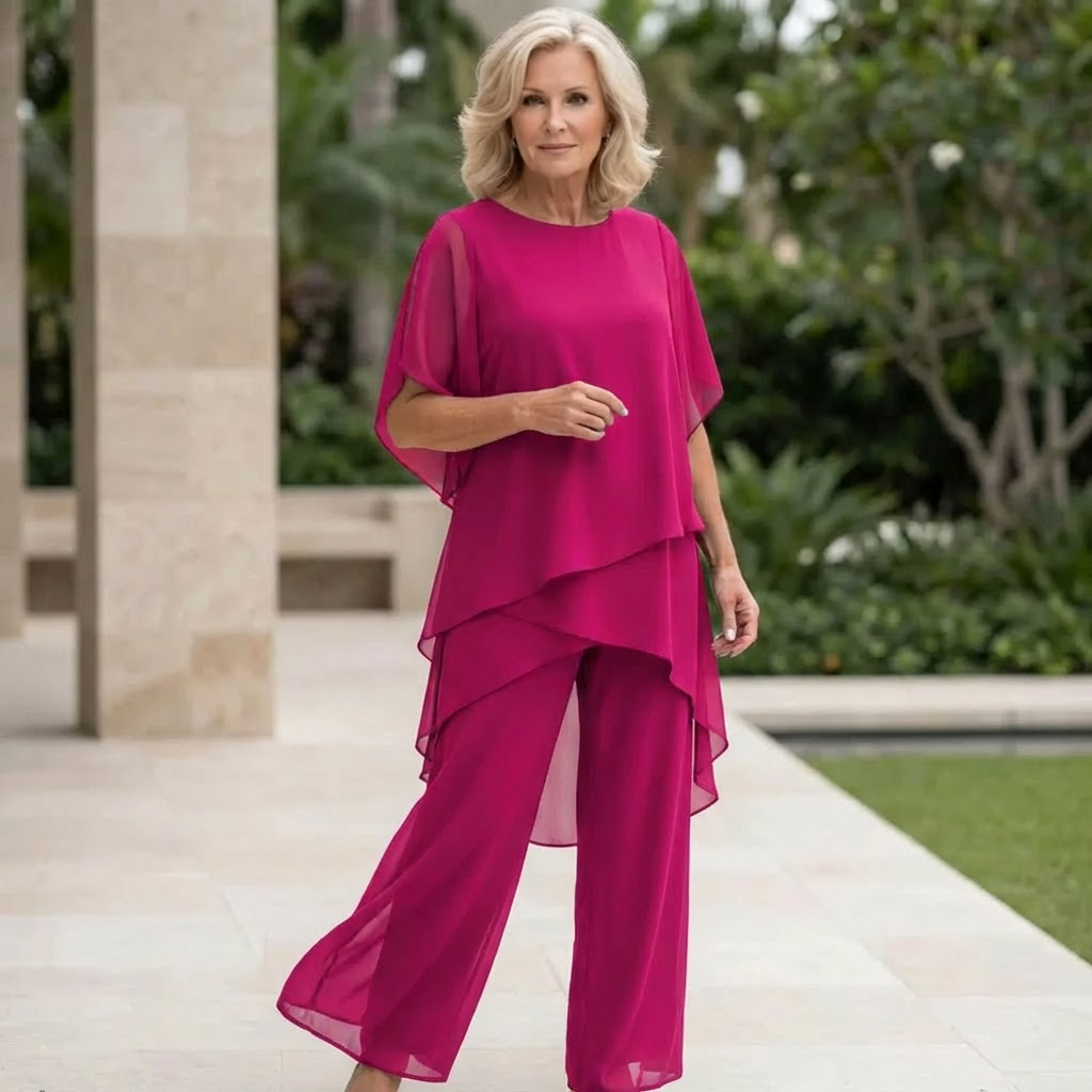 Women's Two-Piece Pant Set | Layered Draped Top | Wide-Leg Pants | Sheer Flowing Overlay