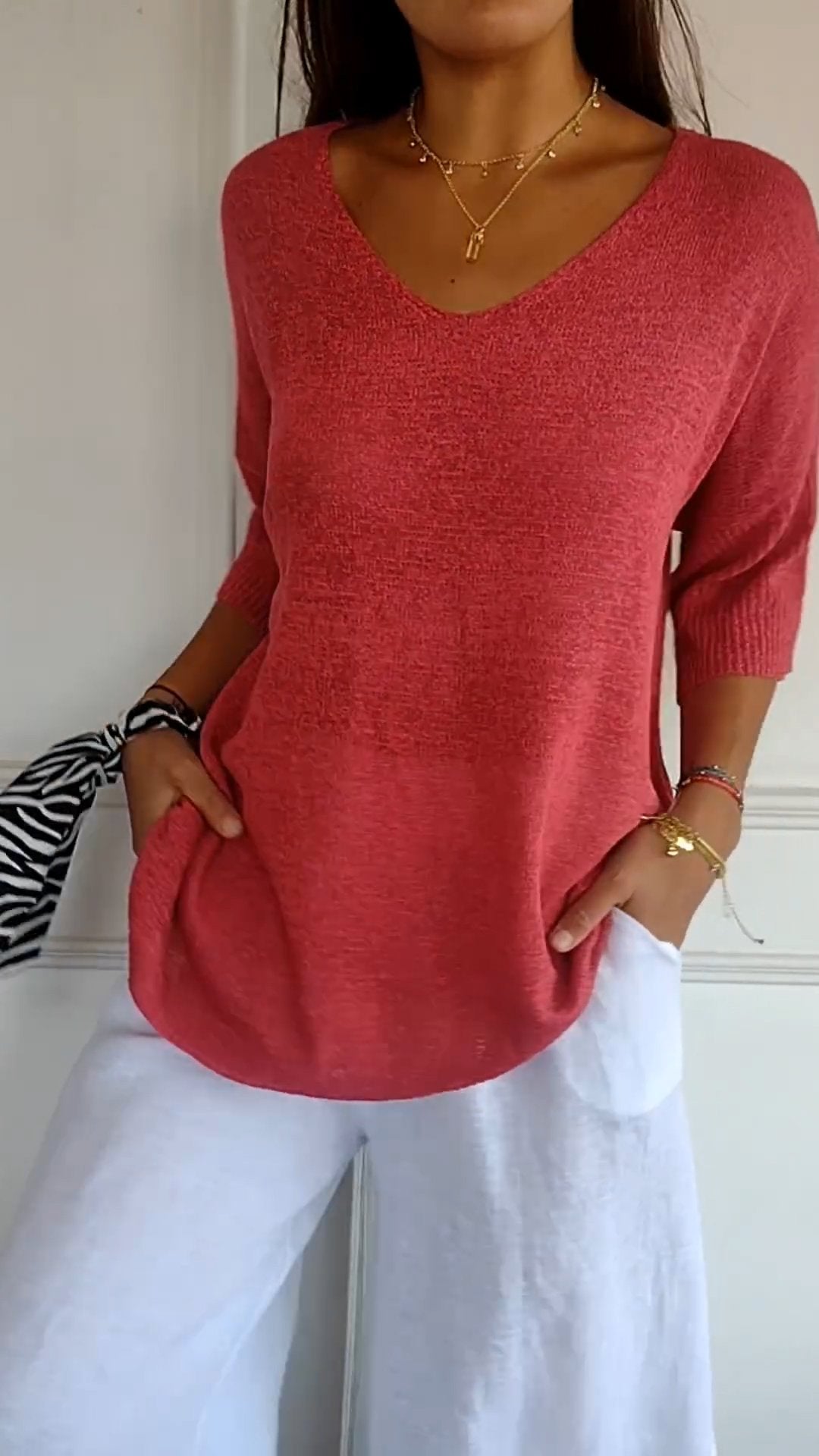 Women's V-Neck Top | Three-Quarter Sleeves | Lightweight Fine Knit | Relaxed Everyday Fit