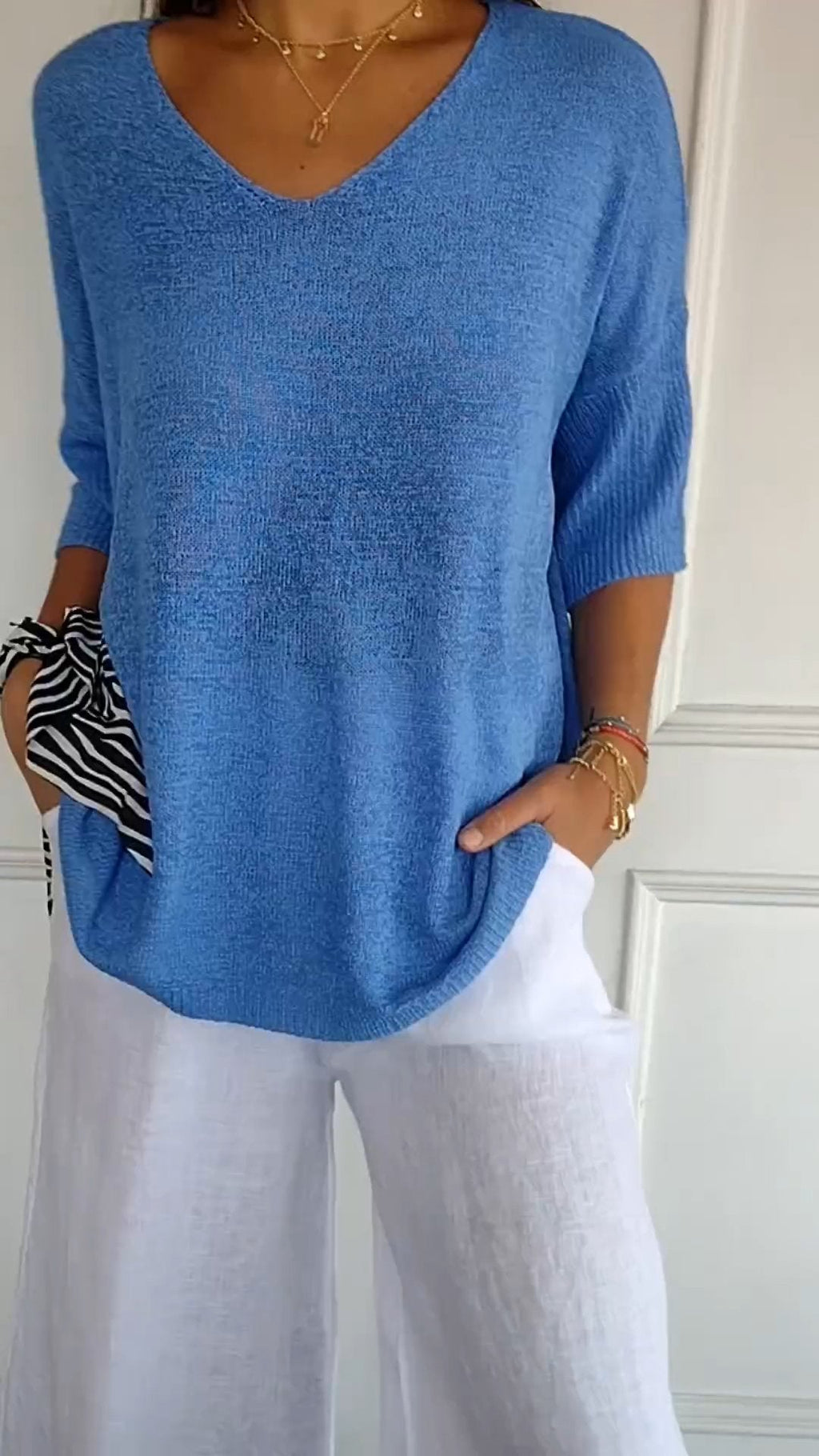 Women's V-Neck Top | Three-Quarter Sleeves | Lightweight Fine Knit | Relaxed Everyday Fit