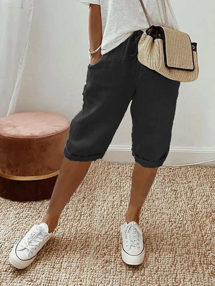 Women's Capri Shorts | Below-the-Knee Length | Rolled Hems | Deep Side Pockets | Drawstring Waist