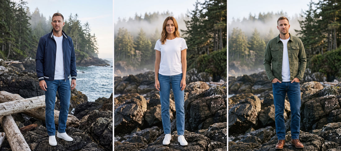 A woman in a white T-shirt and blue jeans between two men in light jackets and jeans on a rocky, misty coast