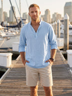 Men's Casual Band Collar Shirt | Half Button Placket | Relaxed Fit | Wrinkle-Resistant Fabric