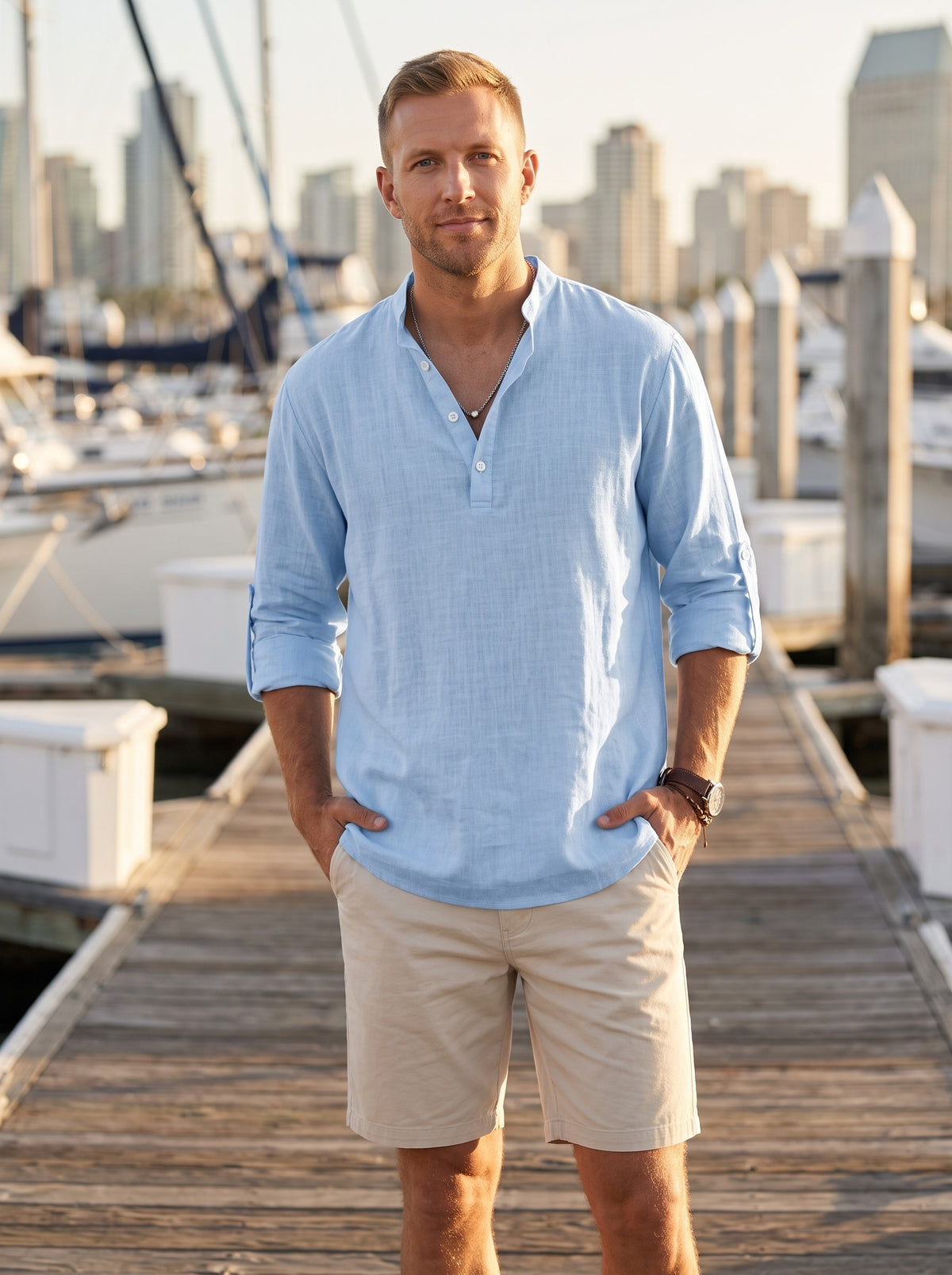 Men's Casual Band Collar Shirt | Half Button Placket | Relaxed Fit | Wrinkle-Resistant Fabric