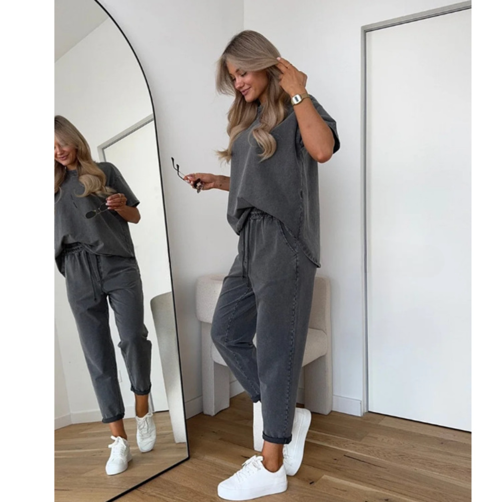 Women's Two-Piece Tee and Jogger Set | Short Sleeves | Drawstring Waist | Tapered Cuffed Legs