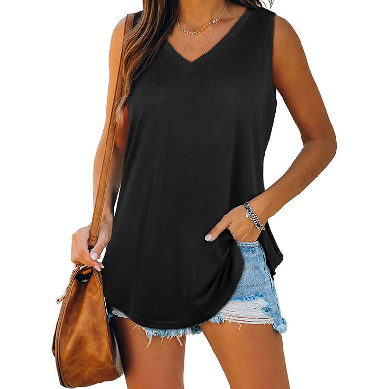 Women's Sleeveless V-Neck Top | Relaxed Summer Tank | Curved Hem | Lightweight Opaque Fabric