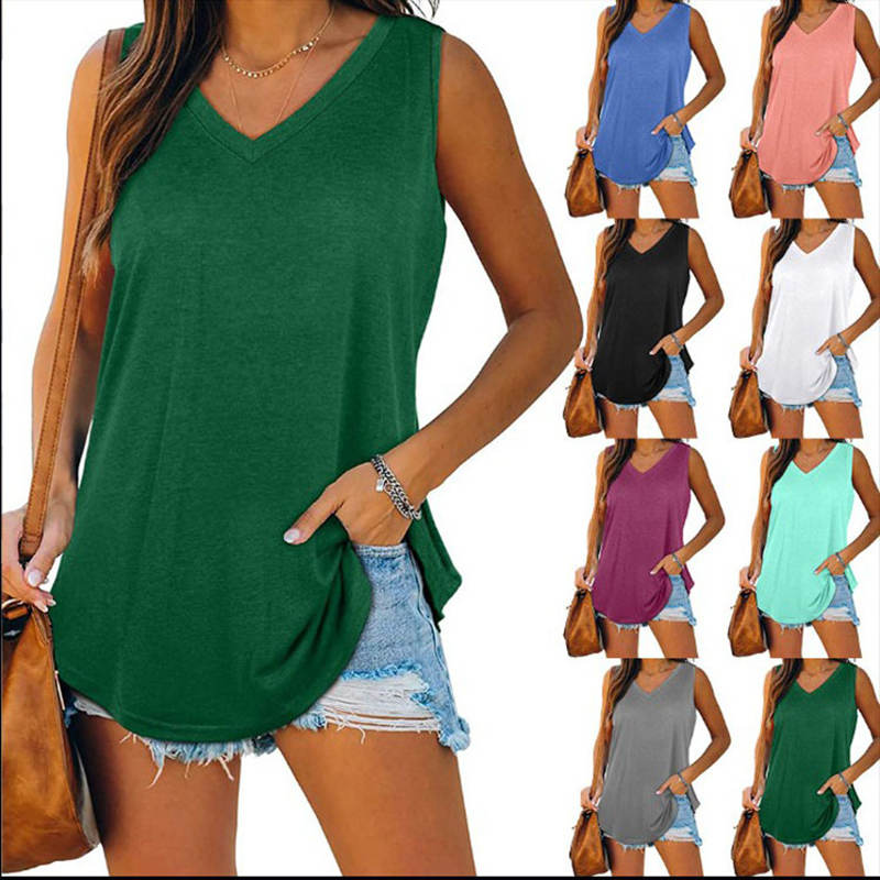 Women's Sleeveless V-Neck Top | Relaxed Summer Tank | Curved Hem | Lightweight Opaque Fabric