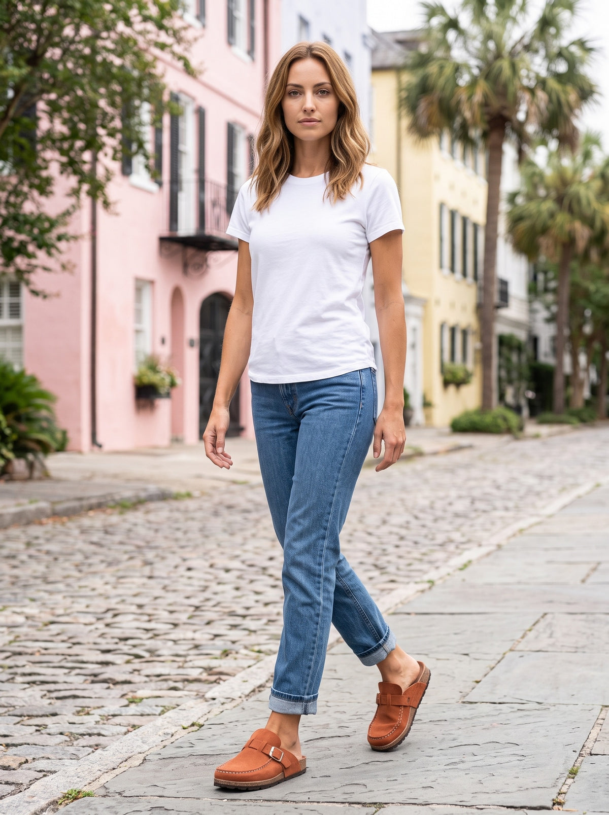 Women's Buckle Strap Loafers | Suede-Look Upper | Contrast Stitching | Cushioned Sole | Round Toe