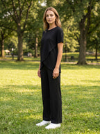 Women's Two-Piece Set | Crossover Wrap Top | Short Sleeves | Wide-Leg Pants | Relaxed Drape