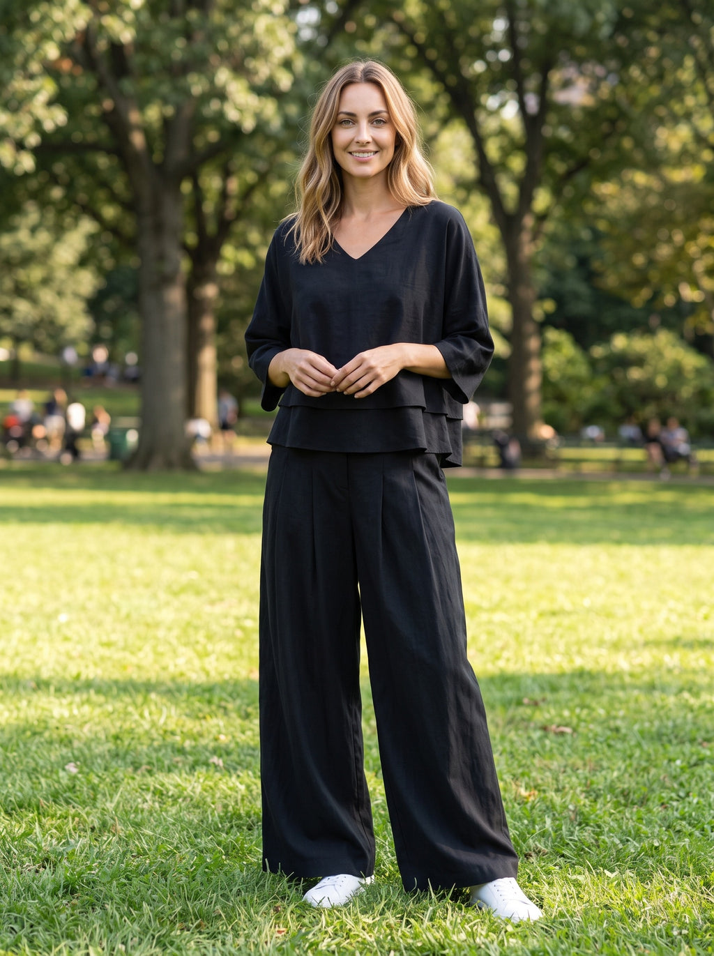 Women's Two-Piece Lounge Set | Layered V-Neck Top | Wide-Leg Pants | Relaxed Loose Fit