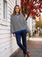 Women's Oversized Striped Sweatshirt | Retro Stripe Pattern | Contrast Cuffs and Hem | Crew Neck