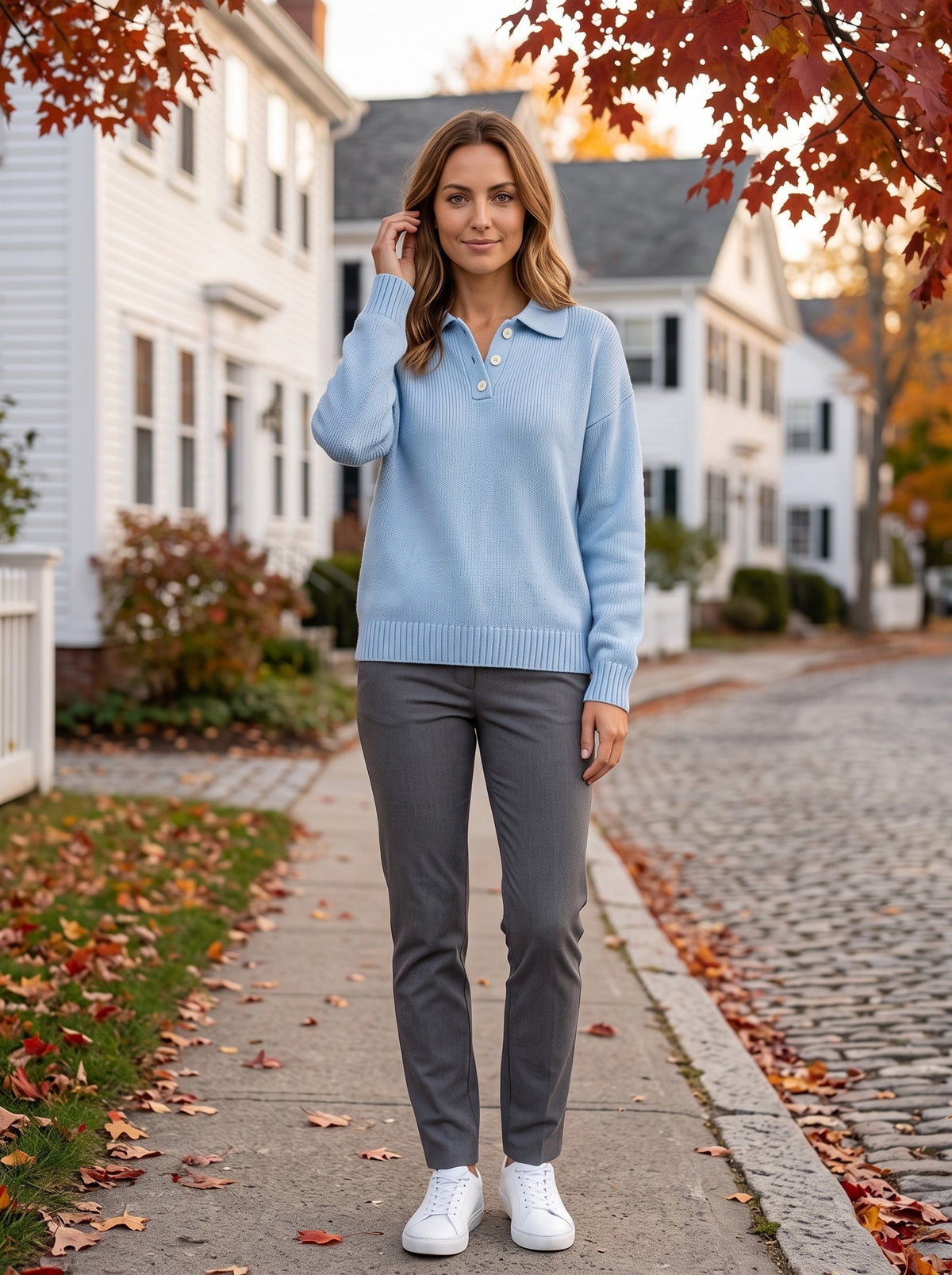 Women's Polo Collar Sweater | Button Placket | Ribbed Cuffs and Hem | Lightweight Knit