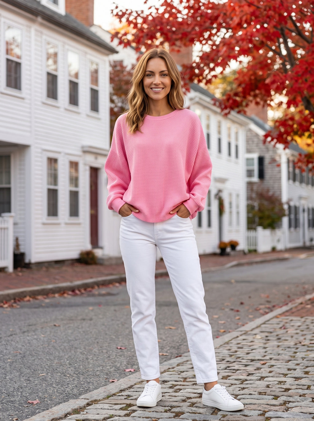 Women's Relaxed Crew-Neck Sweater | Waffle-Knit Texture | Dropped Shoulders | Long Sleeves
