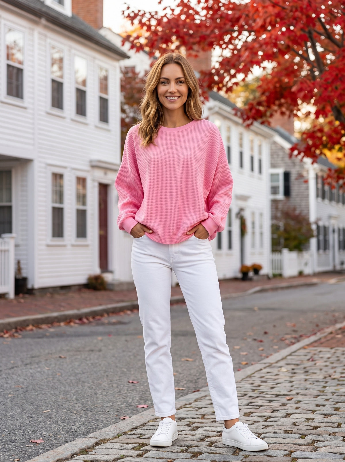 Women's Relaxed Crew-Neck Sweater | Waffle-Knit Texture | Dropped Shoulders | Long Sleeves