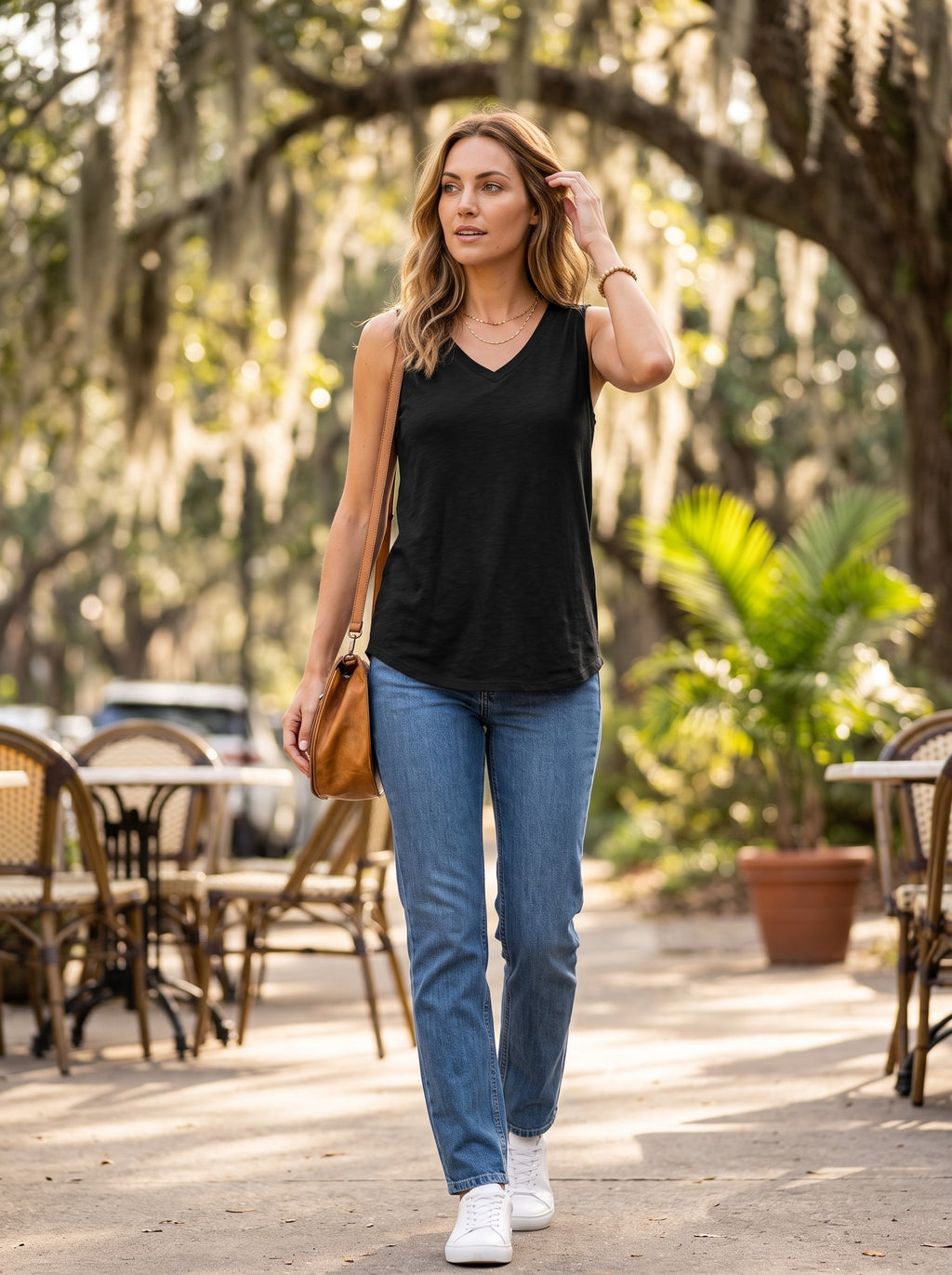 Women's Sleeveless V-Neck Top | Relaxed Summer Tank | Curved Hem | Lightweight Opaque Fabric