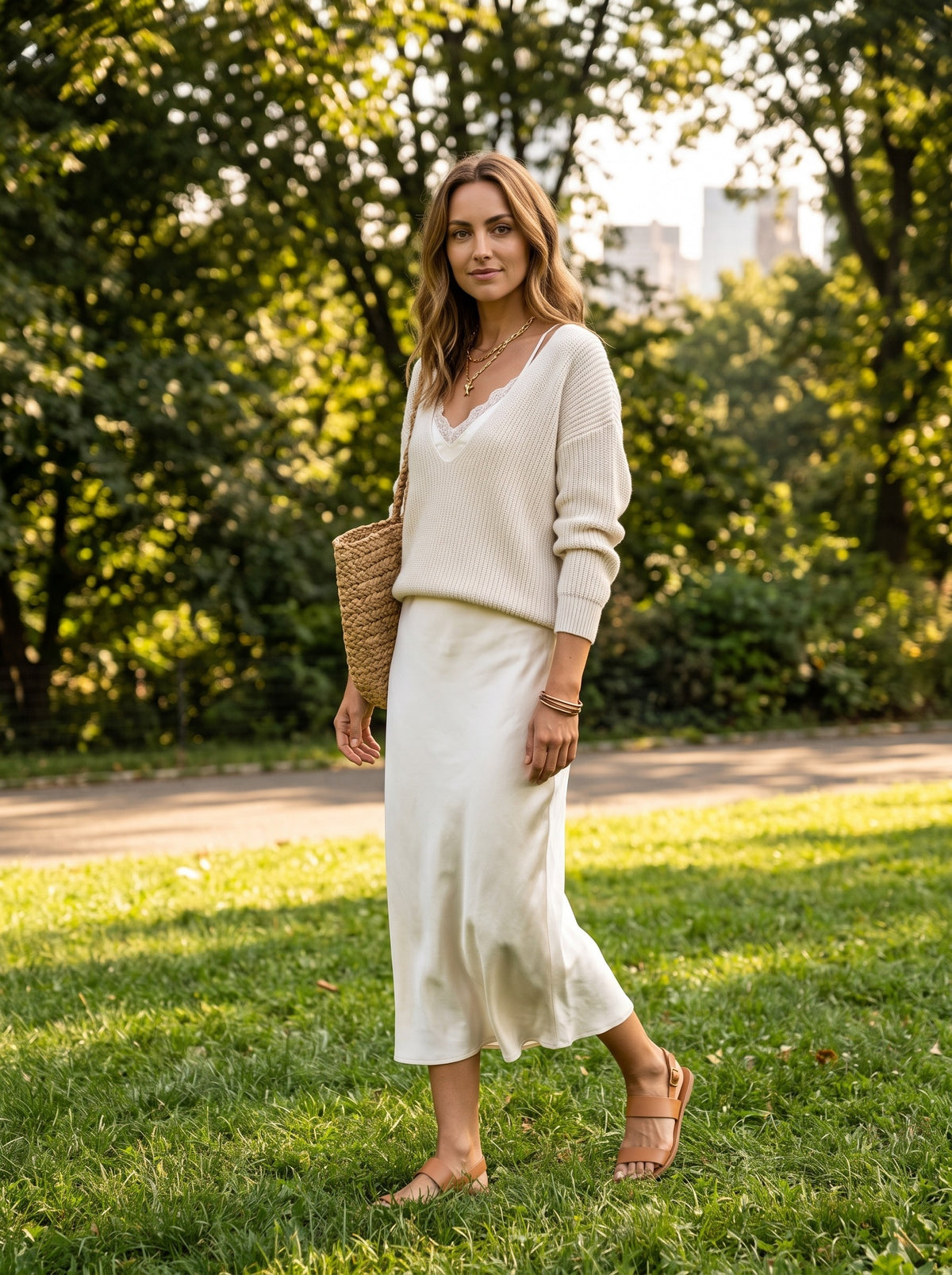 Women's Two-Piece Slip Dress Set | Deep V-Neck Sweater | Silky Maxi Slip Dress | Layered Look