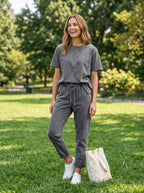 Women's Two-Piece Tee and Jogger Set | Short Sleeves | Drawstring Waist | Tapered Cuffed Legs