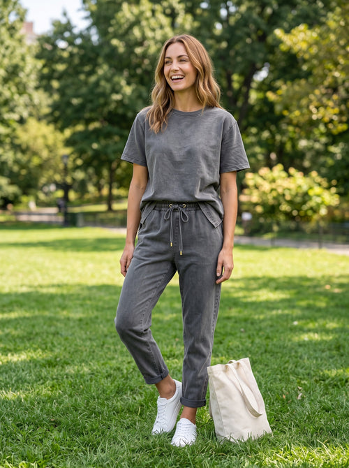 Women's Two-Piece Tee and Jogger Set | Short Sleeves | Drawstring Waist | Tapered Cuffed Legs