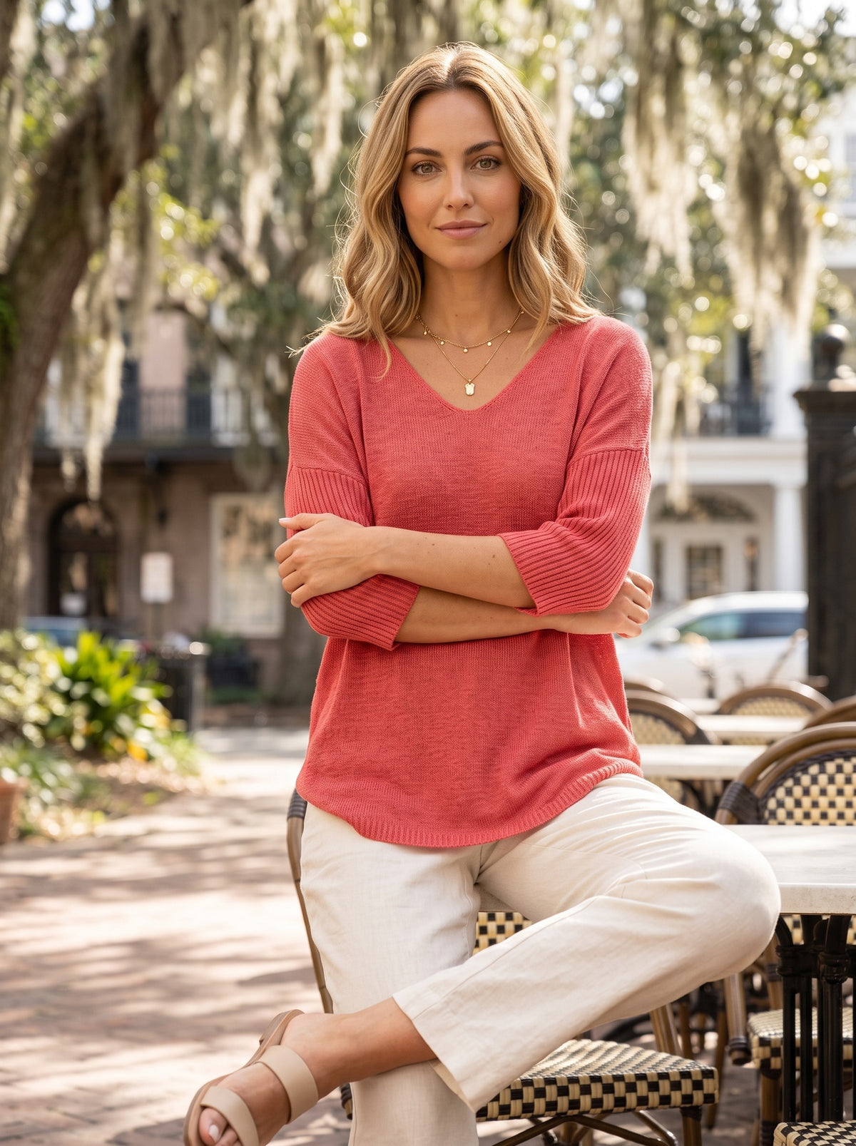 Women's V-Neck Top | Three-Quarter Sleeves | Lightweight Fine Knit | Relaxed Everyday Fit